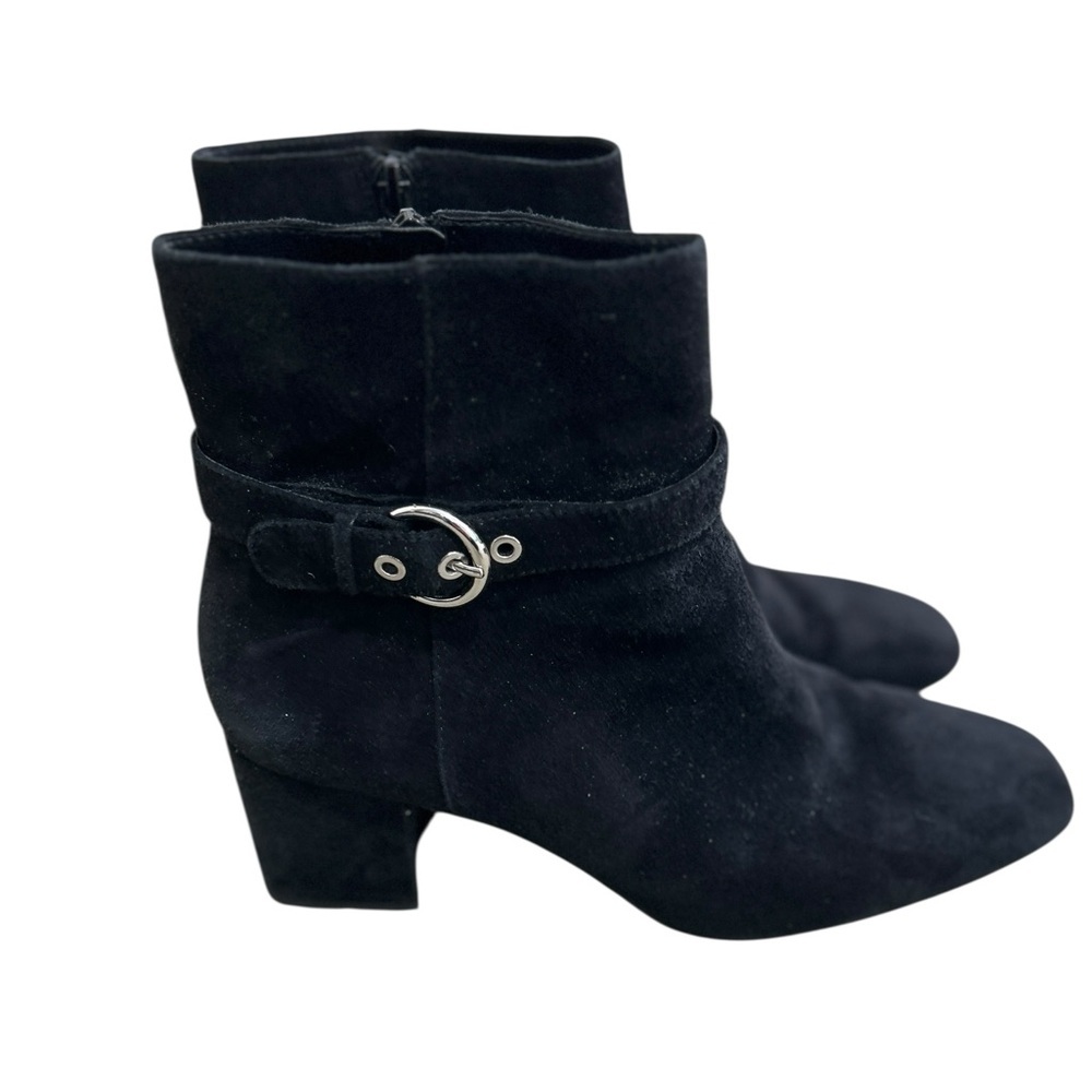 Ann Taylor Black Ankle Boots Silver Buckle block heel zip up size 8